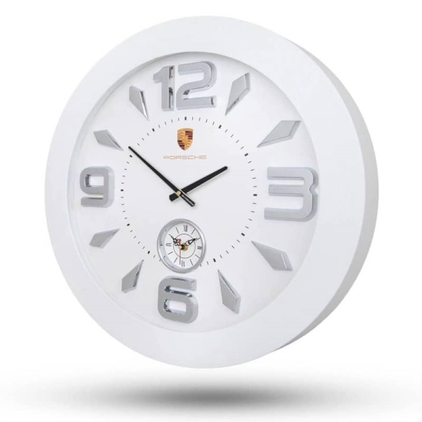 ساعت دیواری پورشه، ساعت دیواری بسیار زیبا، متریال پلاستیک طرح چوب این ساعت، سایز 58 سانتی‌متر، مدل 211 سفید