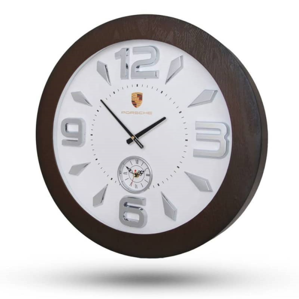 ساعت دیواری پورشه، ساعت دیواری بسیار زیبا، متریال پلاستیک طرح چوب این ساعت، سایز 58 سانتی‌متر، مدل 211 قهوه‌ای صفحه سفید
