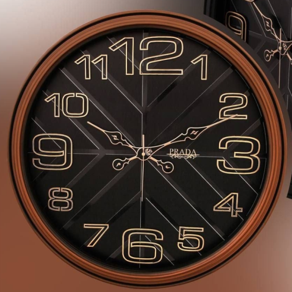 ساعت دیواری پرادا مدل 6050، ساعت دیواری سایز 63 پلاستیکی طرح کلاسیک با شماره چوبی و متریال چوب 6 میل، دارای تنوع رنگ بندی، رنگ قهوه ای مشکی