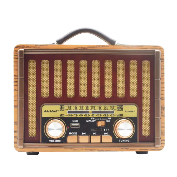 رادیو شارژی کلاسیک، رادیو شارژی قابل حمل طرح چوب با قابلیت های فوق العاده، قابلیت فناوری HIFI و دارای چراغ LED، پشتیبانی از رم و فلش مموری، دکوری زیبا مناسب خانه و محل کار، مدل 1949