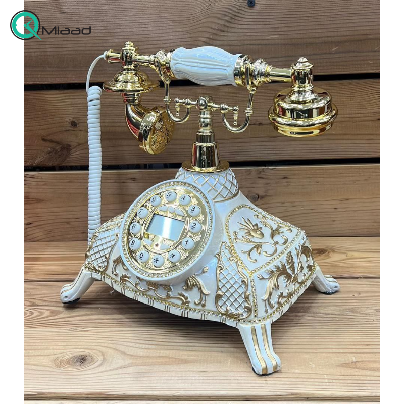 تلفن رومیزی آرنوس، تلفن سلطنتی گل های برجسته طلایی، دکوری شیک و جذاب مناسب منزل و محل کار، رنگ کرم طلایی مدل 040AC تلفن کلاسیک
