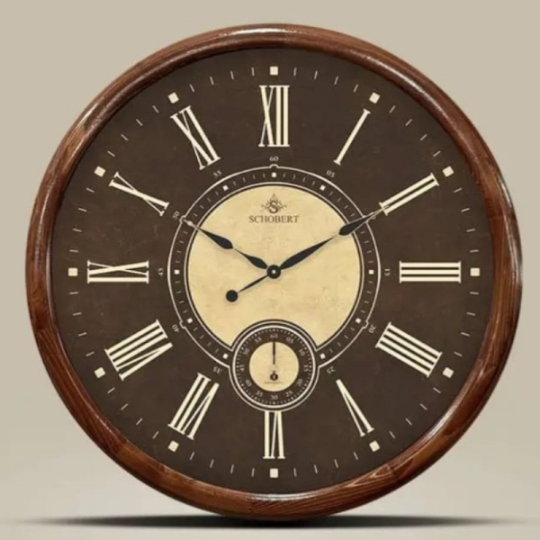ساعت دیواری شوبرت مدل 1501، ساعت دیواری با فریم چوب طبیعی، سایز 50 با اعداد و عقربه های قهوه ای