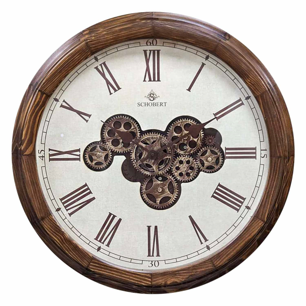 ساعت دیواری چوبی شوبرت مدل 1601، ساعت دیواری با متریال چوب طبیعی، سایز 50، موتور آرامگرد و فونت رومی، اعداد و جزئیات برجسته، دارای چرخ دنده هایی روی صفحه ساعت