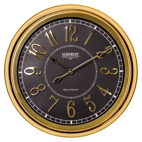 ساعت دیواری فلزی شوبرت مدل 5138GN2، ساعت دیواری فلزی مدرن، دارای اعداد لاتین برجسته، رنگ طلایی صفحه مشکی