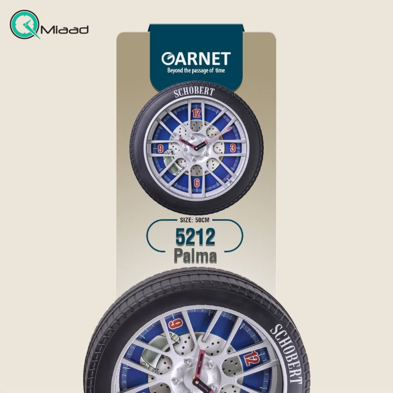 ساعت دیواری شوبرت مدل 5212 گارنت، ساعت دیواری طرح چرخ سایز 50 طرح چوبی فریم پلاستیکی با قیمت اقتصادی، دارای 2 موتور روانگرد و بدون صدا، رنگ مشکی ساعت دیواری چوبی