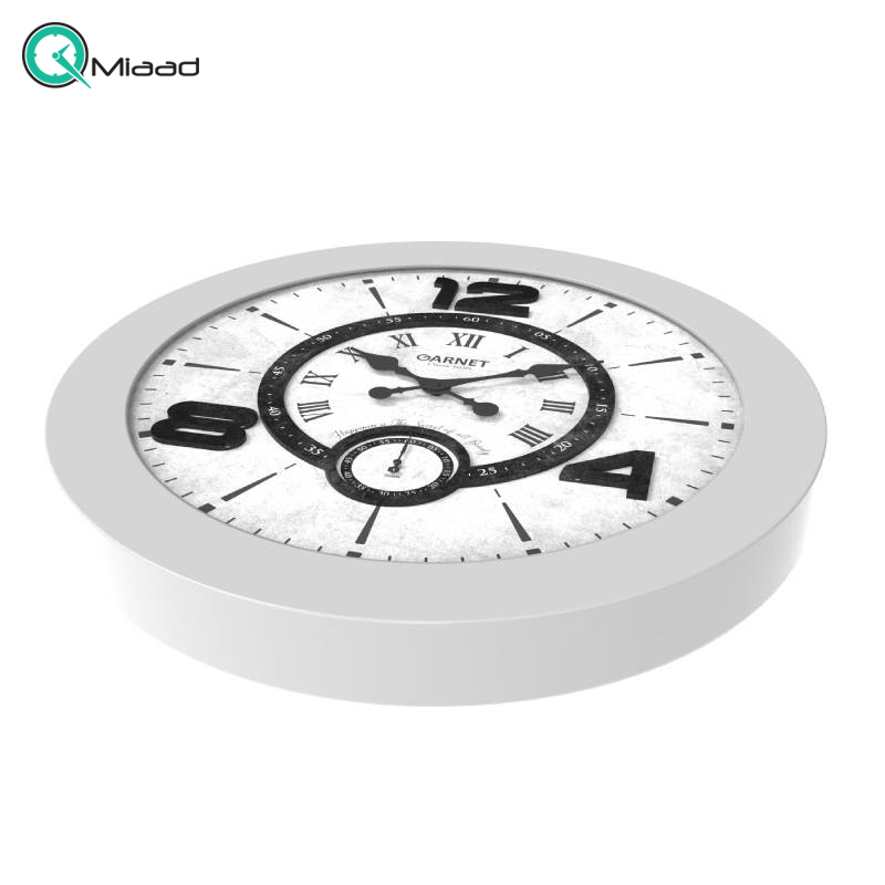 ساعت دیواری شوبرت مدل 5225 گارنت، ساعت دیواری سایز 60 طرح چوبی فریم پلاستیکی با قیمت اقتصادی، دارای 2 موتور روانگرد و بدون صدا، رنگ سفید ساعت دیواری چوبی