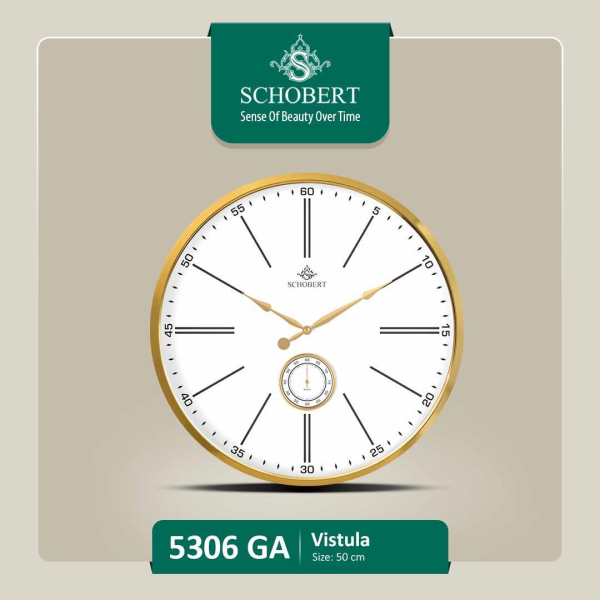 ساعت دیواری فلزی شوبرت، ساعت دیواری مدرن و فلزی با طراحی عالی، سایز 50، دارای موتور ثانیه شمار مستقل ، رنگ طلایی صفحه سفید، مدل 5306