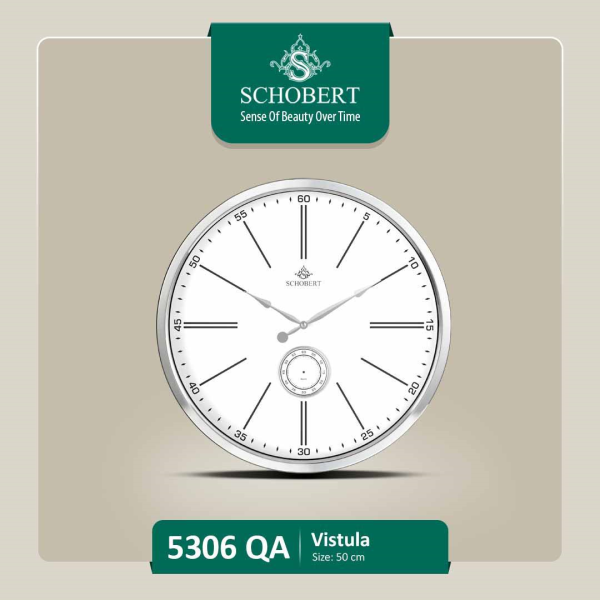 ساعت دیواری فلزی شوبرت، ساعت دیواری مدرن و فلزی با طراحی عالی، سایز 50، دارای موتور ثانیه شمار مستقل ، رنگ نقره ای صفحه سفید، مدل 5306