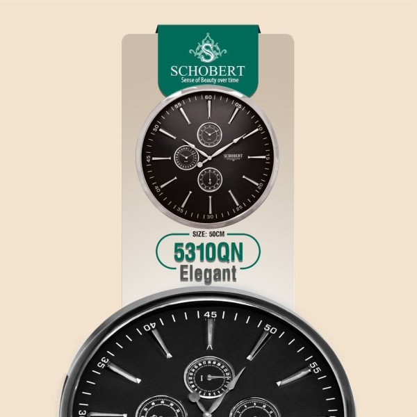 ساعت دیواری فلزی شوبرت، ساعت دیواری فلزی، رنگ نقره ‌ای با صفحه مشکی، مدل 5310
