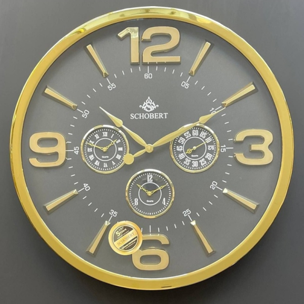 ساعت دیواری فلزی شوبرت مدل 5311، ساعت دیواری چهار موتوره سایز 50 با اعداد و عقربه های طلایی، رنگ طوسی طلایی