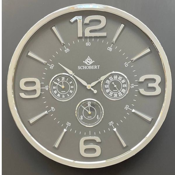 ساعت دیواری فلزی شوبرت مدل 5311، ساعت دیواری چهار موتوره سایز 50 با اعداد و عقربه های نقره‌ای، رنگ طوسی