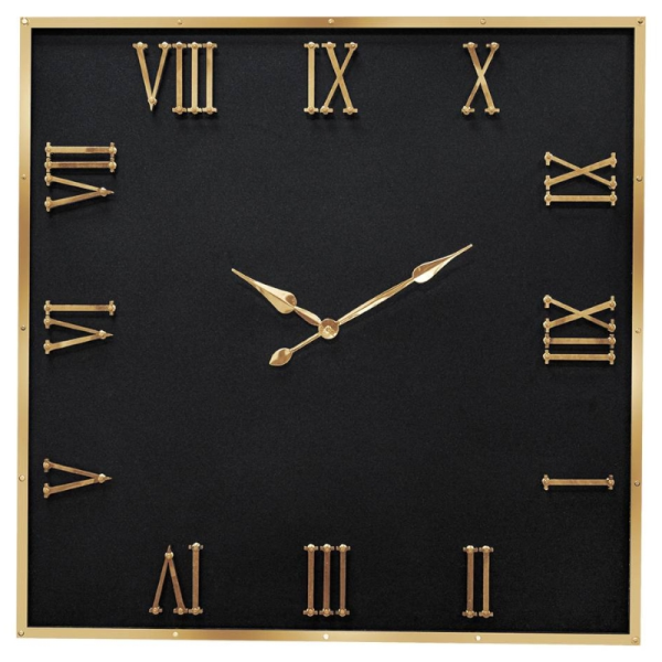 ساعت دیواری شوبرت مدل 5366، ساعت دیواری چهارگوش با متریال فلزی، دارای اعداد با فونت رومی و برجسته روی صفحه ساعت، ترکیب رنگ مشکی طلایی، سایز 70