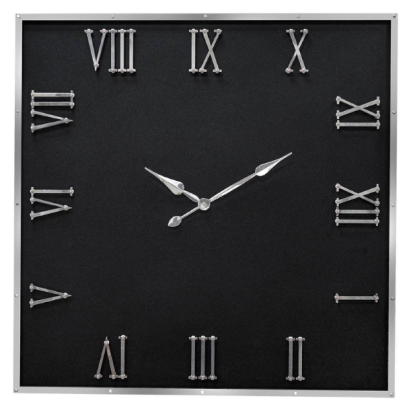 ساعت دیواری شوبرت مدل 5366، ساعت دیواری چهارگوش با متریال فلزی، دارای اعداد با فونت رومی و برجسته روی صفحه ساعت، ترکیب رنگ مشکی نقره ای، سایز 70