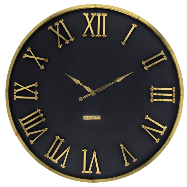 ساعت دیواری شوبرت مدل 5367، ساعت دیواری با متریال فلزی، دارای اعداد با فونت رومی و برجسته روی صفحه ساعت، ترکیب رنگ مشکی طلایی، سایز 60