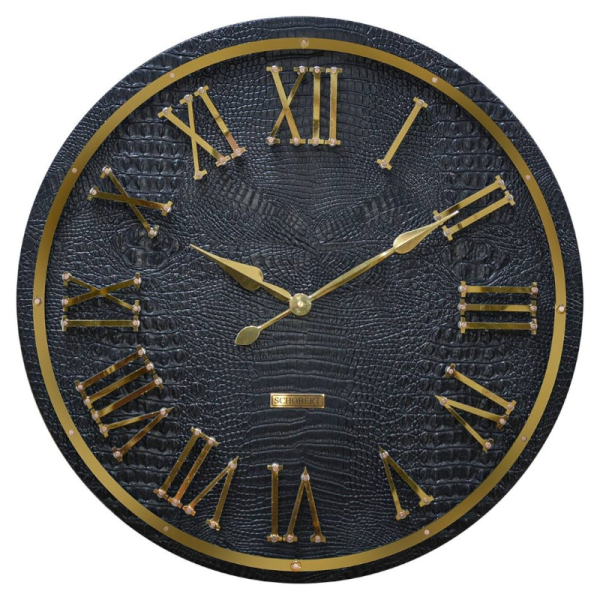 ساعت دیواری شوبرت مدل 5369، ساعت دیواری با متریال فلزی، دارای اعداد با فونت رومی و برجسته روی صفحه ساعت، ترکیب رنگ مشکی طلایی، سایز 60