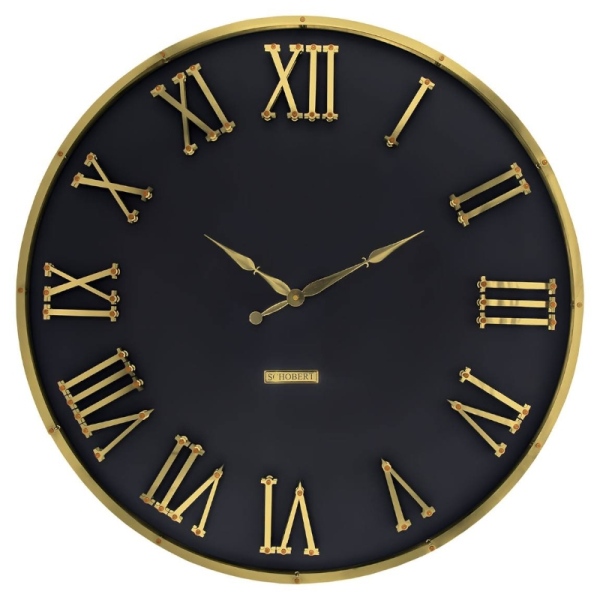 ساعت دیواری شوبرت مدل 5390، ساعت دیواری با متریال فلزی، دارای اعداد با فونت رومی و برجسته روی صفحه ساعت، ترکیب رنگ مشکی طلایی، سایز 90