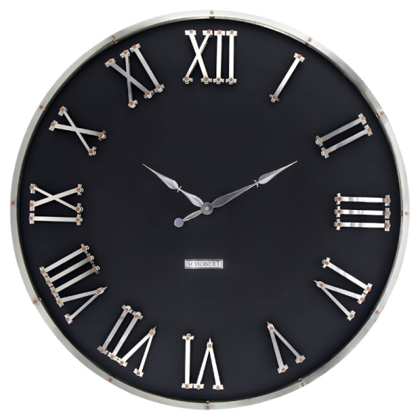 ساعت دیواری شوبرت مدل 5390، ساعت دیواری با متریال فلزی، دارای اعداد با فونت رومی و برجسته روی صفحه ساعت، ترکیب رنگ مشکی نقره ای، سایز 90
