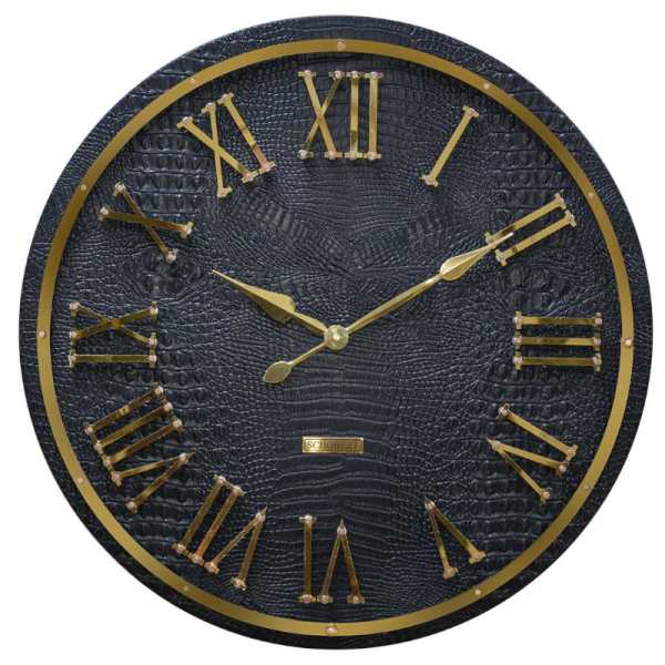 ساعت دیواری شوبرت مدل 5392، ساعت دیواری با متریال فلزی، دارای اعداد با فونت رومی و برجسته روی صفحه ساعت، ترکیب رنگ مشکی طلایی، سایز 90