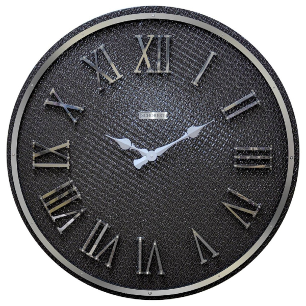 ساعت دیواری شوبرت مدل 5394، ساعت دیواری با متریال فلزی، دارای اعداد با فونت رومی و برجسته روی صفحه ساعت، ترکیب رنگ مشکی نقره ای، سایز 90