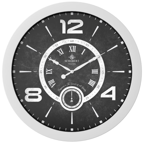 ساعت دیواری شوبرت، ساعت دیواری تمام چوب همراه با اعداد برجسته، رنگ سفید، دارای دو موتور فعال (ثانیه شمار مستقل)، مدل 6126