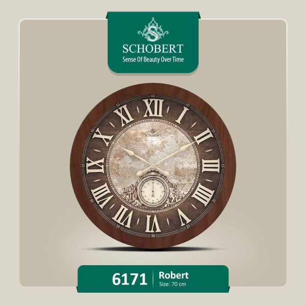 ساعت دیواری شوبرت، ساعت دیواری چوبی ساده و زیبا، سایز 70، اعداد رومی، موتور آرامگرد، موتور ثانیه شمار مستقل، مدل 6171
