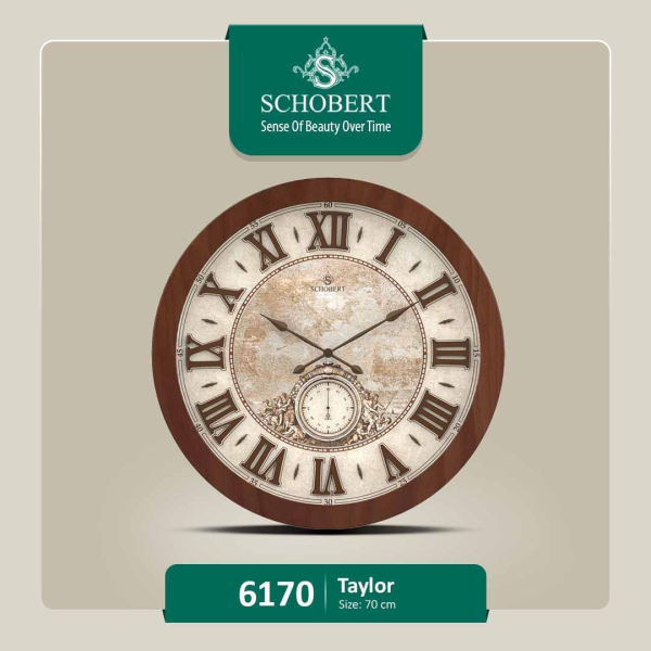ساعت دیواری شوبرت، ساعت دیواری چوبی ساده و زیبا، سایز 70، اعداد رومی، موتور آرامگرد، موتور ثانیه شمار مستقل، مدل 6170