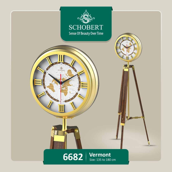 ساعت ایستاده شوبرت، ساعت ایستاده بسیار زیبا، دارای سه پایه، ترکیبی از چوب و فلز آنتیک در ساخت این ساعت، تقویم روز شمار، مدل 6682