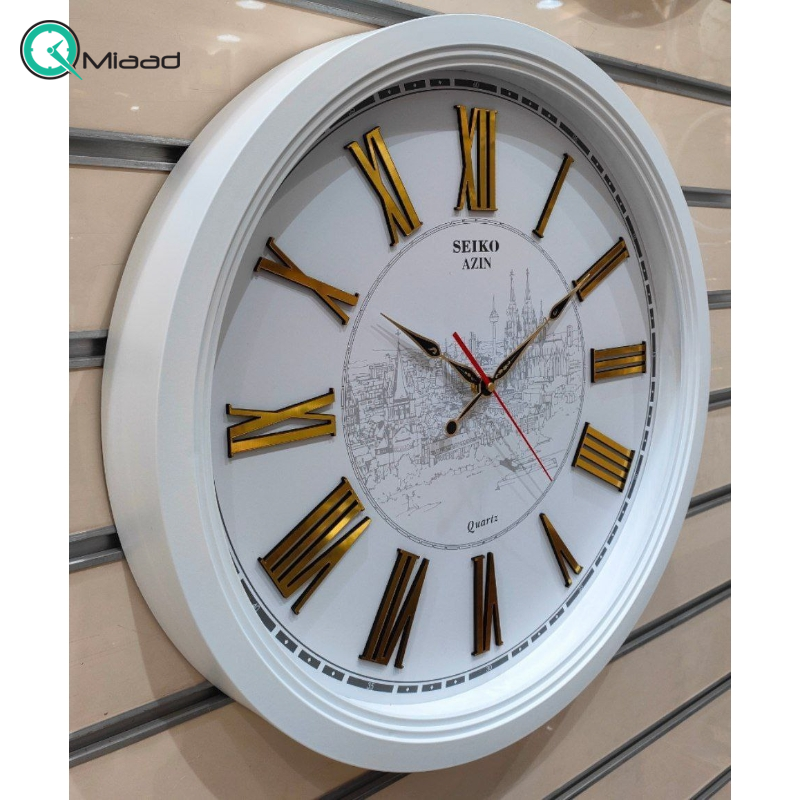 ساعت دیواری سیکو آذین مدل 220، ساعت دیواری شماره مولتی، دارای موتور روانگرد و اعداد برجسته آبکاری شده رومی و تنوع رنگی، سایز 55، رنگ سفید طلایی  ساعت دیواری چهارگوش