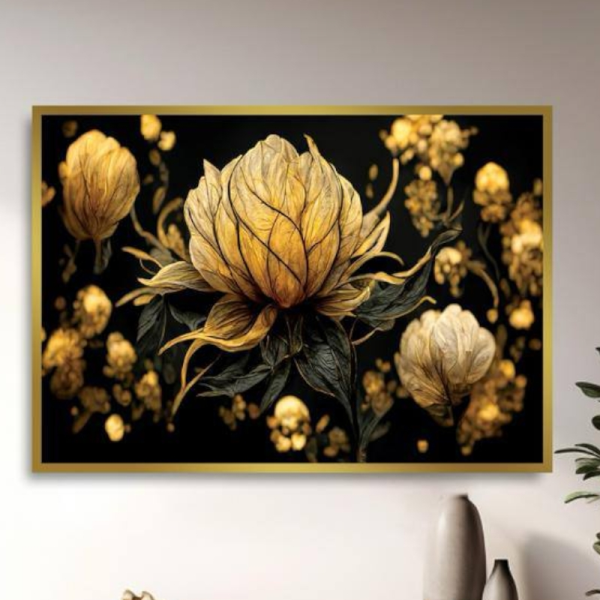 تابلو دکوراتیو شاین کد 14-845، جدیدترین مدل تابلو با بالاترین کیفیت چاپ، متریال پی وی سی قاب، تابلو زیبا و جذاب، تابلو هنری با کیفیت فوق العاده و قابل شستشو طرح انتزاعی گل طلایی
