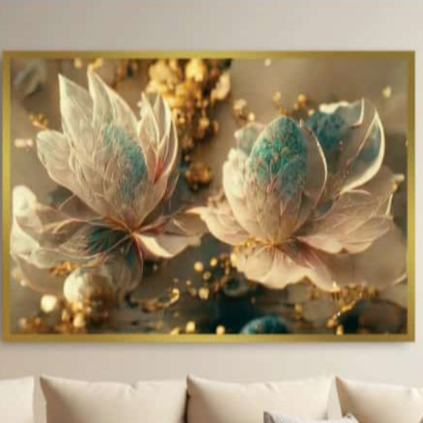 تابلو دکوراتیو شاین کد 21-845، جدیدترین مدل تابلو با بالاترین کیفیت چاپ، متریال پی وی سی قاب، تابلو زیبا و جذاب، تابلو هنری با کیفیت فوق العاده و قابل شستشو طرح گل های فیروزه ای طلایی