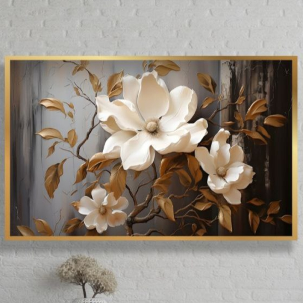 تابلو دکوراتیو شاین کد 22-845، جدیدترین مدل تابلو با بالاترین کیفیت چاپ، متریال پی وی سی قاب، تابلو زیبا و جذاب، تابلو هنری با کیفیت فوق العاده و قابل شستشو طرح گل و برگ سفید طلایی