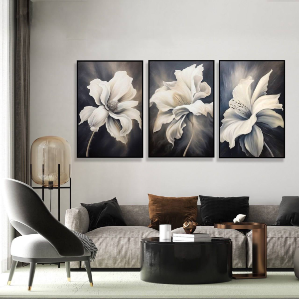 تابلو دکوراتیو شاین، جدیدترین مدل تابلو با بالاترین کیفیت چاپ، متریال پی وی سی قاب، تابلو سه تیکه زیبا و جذاب، تابلو با طرح گل سفید، کد T