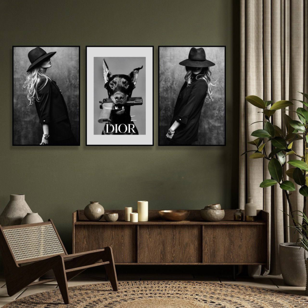 تابلو دکوراتیو شاین، جدیدترین مدل تابلو با بالاترین کیفیت چاپ، متریال پی وی سی قاب، تابلو سه تیکه زیبا و جذاب، تابلو با طرح سیاه و سفید دختر و سگ، کد U