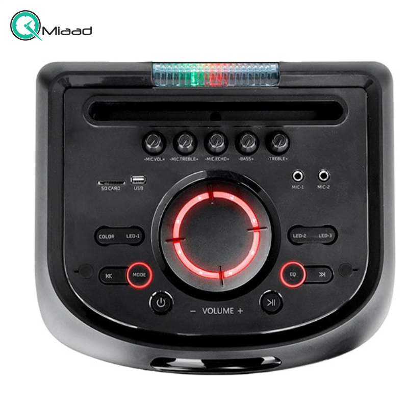 اسپیکر بلوتوث، اسپیکر بلوتوثی فوق العاده با بهره مندی از نورپردازی LED، دارای پنل حرفه ای تنظیم صدا، دارای ریموت کنترل، قابلیت های AUX,USB,BT,FM و میکروفون وایرلس | مدل TS 2084  خرید اسپیکر بلوتوثی