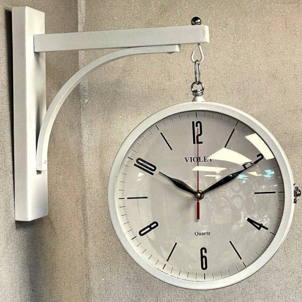ساعت دیواری دو طرفه تمام فلز، ساعت دو طرفه بسیار بی‌نظیر رنگ سفید، متریال فلزی با موتور درجه یک روانگرد