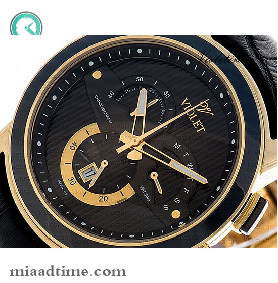 ساعت مچی ویولت، مردانه کرنوگراف، گرد چرمی، طلایی مشکی،صفحه مشکی | کد 0411/2G ساعت مچی صفحه گرد مردانه