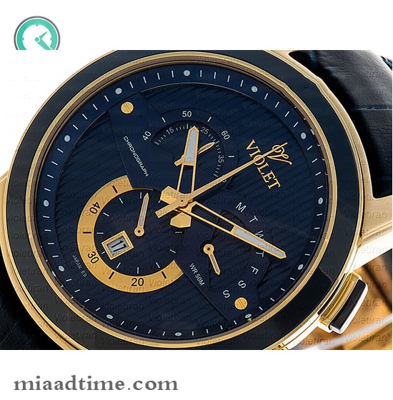 ساعت مچی ویولت، مردانه کرنوگراف، گرد چرمی، طلایی مشکی،صفحه سرمه ای | کد 0411/2G ساعت مچی صفحه گرد مردانه