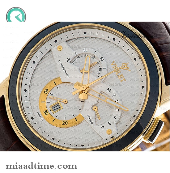 ساعت مچی ویولت، مردانه کرنوگراف، گرد چرمی، طلایی مشکی،صفحه سفید| کد 0411/2G ساعت مچی صفحه گرد مردانه