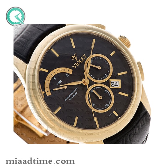 ساعت مچی ویولت، مردانه کرنوگراف، گرد چرمی، طلایی صفحه مشکی | کد 0450/2G ساعت مچی صفحه گرد مردانه