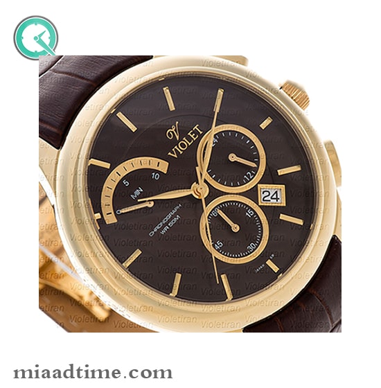 ساعت مچی ویولت، مردانه کرنوگراف، گرد چرمی، طلایی صفحه قهوه ای | کد 0450/2G ساعت مچی صفحه گرد مردانه