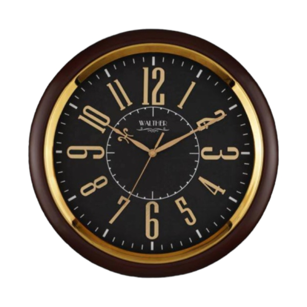 ساعت دیواری  والتر Walther | ساعت دیواری سایز 38 با موتور آرامگرد، بدنه و جزییات مشکی طلایی و بدنه قهوه ای رنگ، اعداد درشت لاتین | کد 4016