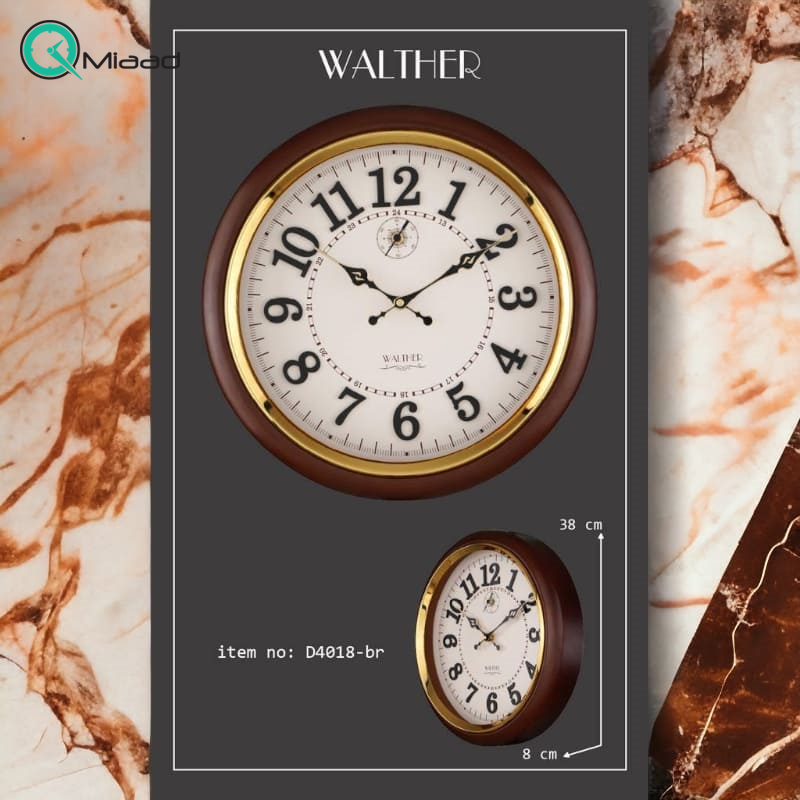 ساعت دیواری والتر Walther مدل 4018 | ساعت دیواری سایز 38 با موتور آرامگرد، بدنه قهوه ای و صفحه سفید به همراه جزییات مشکی، موتور ثانیه شمار مستقل