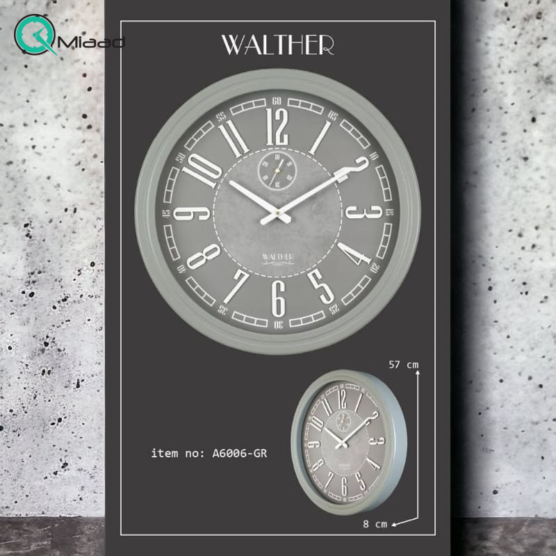 ساعت دیواری والتر Walther | ساعت دیواری سایز 57 با موتور آرامگرد، بدنه و جزییات بر پایه رنگ خاکستری و نقره ای، موتور ثانیه شمار مستقل | کد 6006
