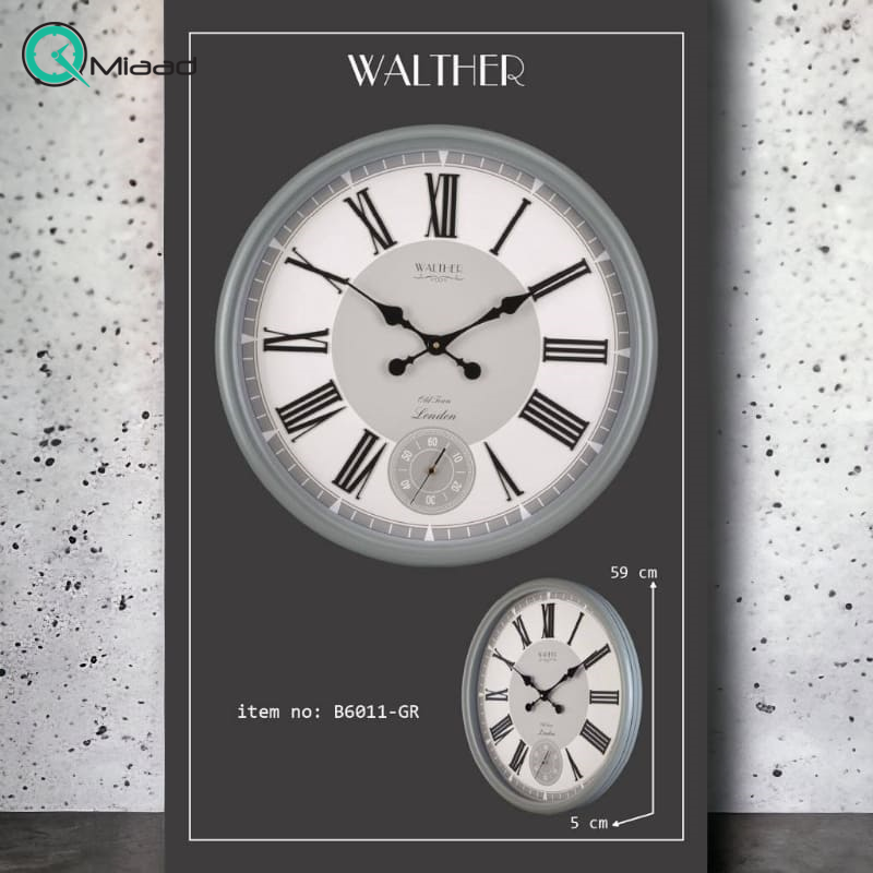 ساعت دیواری والتر Walther مدل 6011 | ساعت دیواری سایز 57 با موتور آرامگرد، بدنه و جزییات با ترکیب رنگ خاکستری و سفید و مشکی، موتور ثانیه شمار مستقل