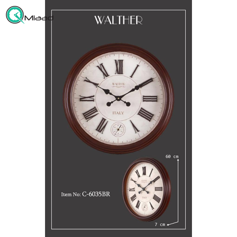 ساعت دیواری والتر Walther مدل 6035 | ساعت دیواری سایز 60 با موتور آرامگرد، متریال چوبی بدنه، ترکیب رنگ قهوه ای سفید در ساعت  ساعت دیواری والتر
