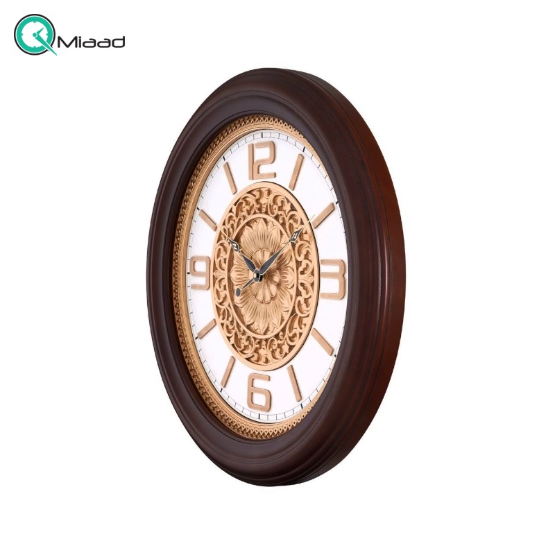 ساعت دیواری والتر Walther کد 6044| ساعت دیواری چوبی سایز 60 با موتور آرامگرد، دارای طراحی مدرن و بدنه چوبی و اعداد لاتین، رنگ قهوه ای