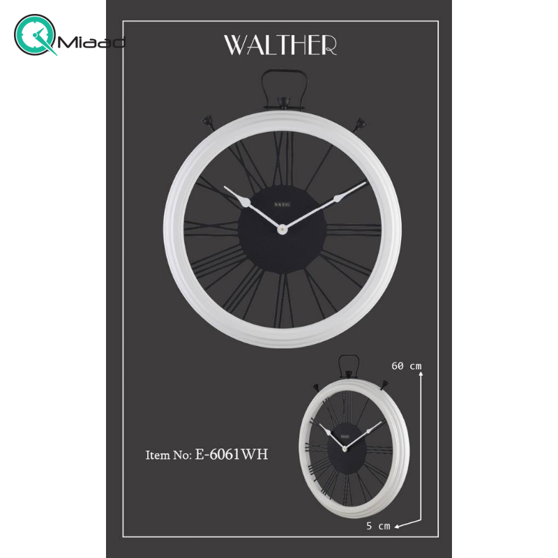 ساعت دیواری والتر Walther مدل 6061 | ساعت دیواری سایز 60 با موتور آرامگرد، ترکیب چوب و فلز در متریال ساعت، دارای طراحی مدرن و بدنه چوبی، رنگ سفید مشکی