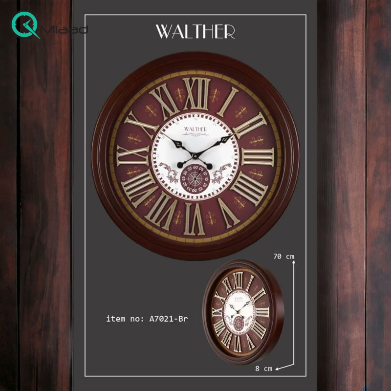 ساعت دیواری والتر Walther | ساعت دیواری سایز 70 با موتور آرامگرد، بدنه قهوه ای و صفحه زرشکی به همراه جزییات طلایی، موتور ثانیه شمار مستقل | کد 7021
