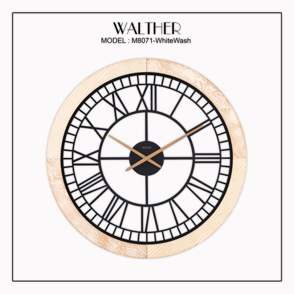 ساعت دیواری  والتر Walther کد 8071 | ساعت دیواری سایز 80 با موتور آرامگرد، ترکیب چوب و فلز در متریال ساعت، دارای طراحی مدرن و بدنه چوبی، رنگ وایت واش