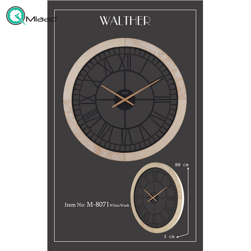 ساعت دیواری والتر Walther کد 8071 | ساعت دیواری سایز 80 با موتور آرامگرد، ترکیب چوب و فلز در متریال ساعت، دارای طراحی مدرن و بدنه چوبی، رنگ وایت واش